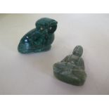 A carved malachite figurine of an owl, approx 5cm high, together with a soap stone figurine