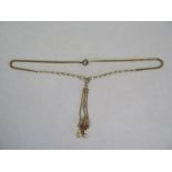 A gold necklace with pearls and sapphire ruby drop pendant, approx 38.5cm long, approx 10.9 grams,