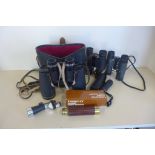 A pair of Chinon 10x50 binoculars, a pair of Zeiss and Trilyte binoculars and three pocket