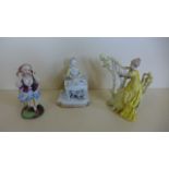 A Meissen figure of a lady playing the piano, 12cm tall, two other figures, Meissen figure has chips