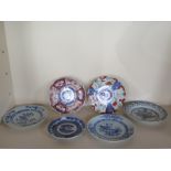 A collection of six 19th century oriental and European plates, with three blue and white, two