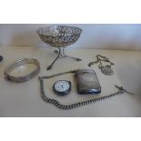 A silver dish, Vesta on chain, watch bangle and pendant, total weight approx 4.4 troy oz