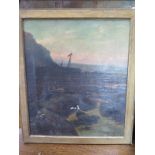 An oil on canvas, coastal scene, unsigned, with indistinct text verso, approx 58cm x 50cm, in poor