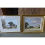 Owen Waters oil painting entitled Norfolk Marsh Farm and a watercolour lake scene, 33cm x 41cm frame