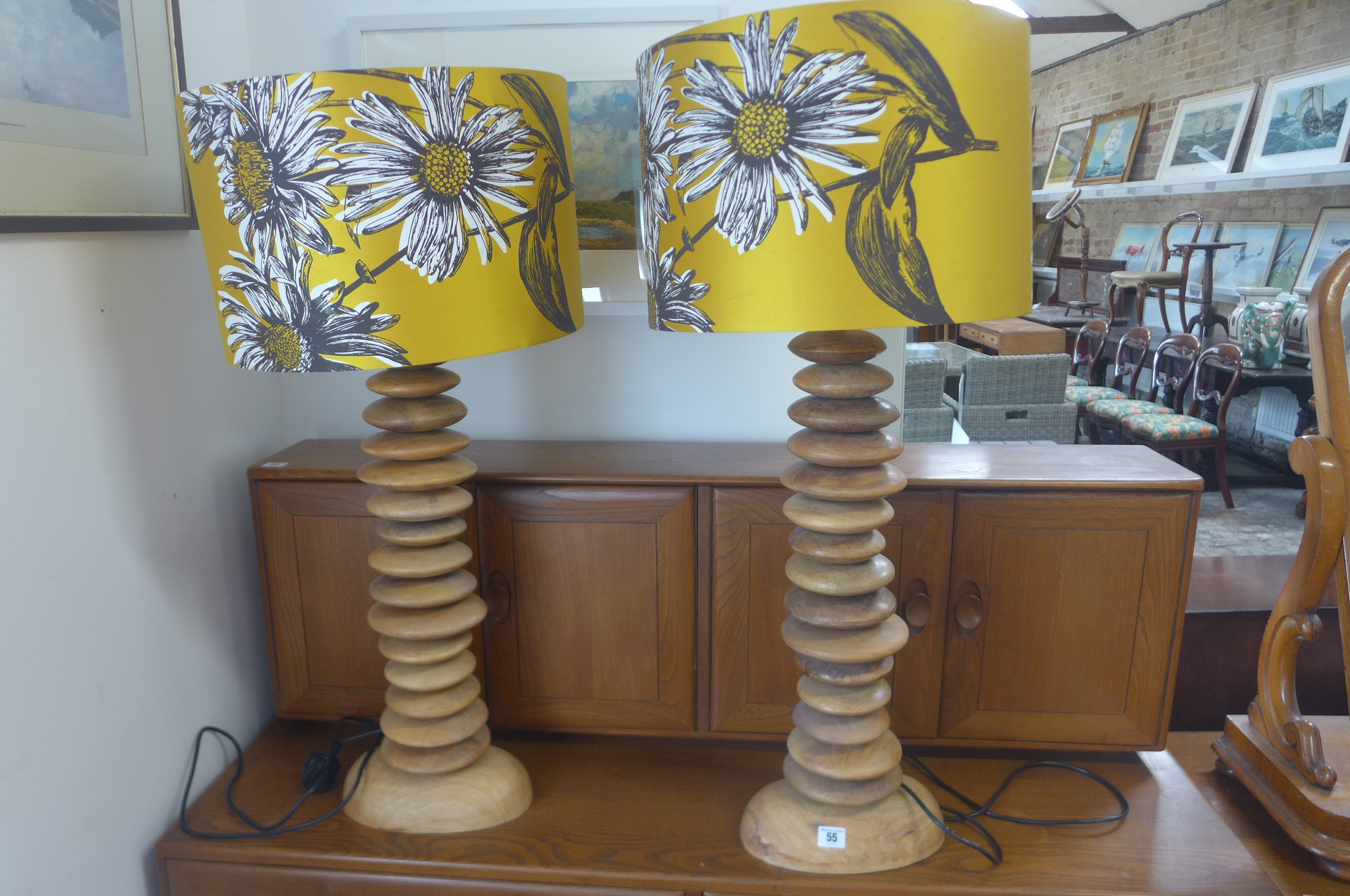 A pair of wooden pebble lamps and shades, in working order - 94cm tall