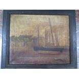 An oil on canvas, harbour scene, signed R I Askew 1910 - approx frame size, 32cm x 37.5cm, in poor