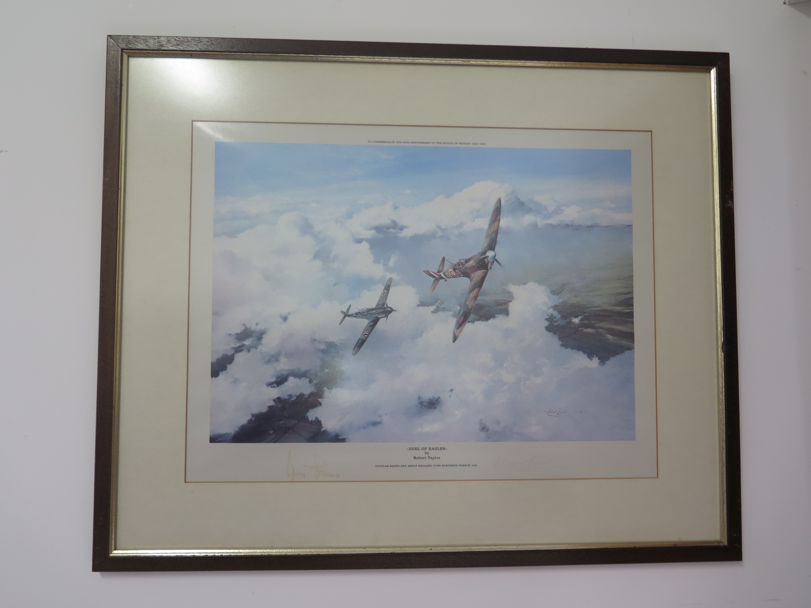 Duel of Eagles by Robert Taylor signed by Douglas Bader and Adolf Galland, frame size 58cm x