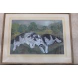 E Rickett - two cats reclining in a landscape, pastels, signed and dated 1983 - 78x60cm overall - in