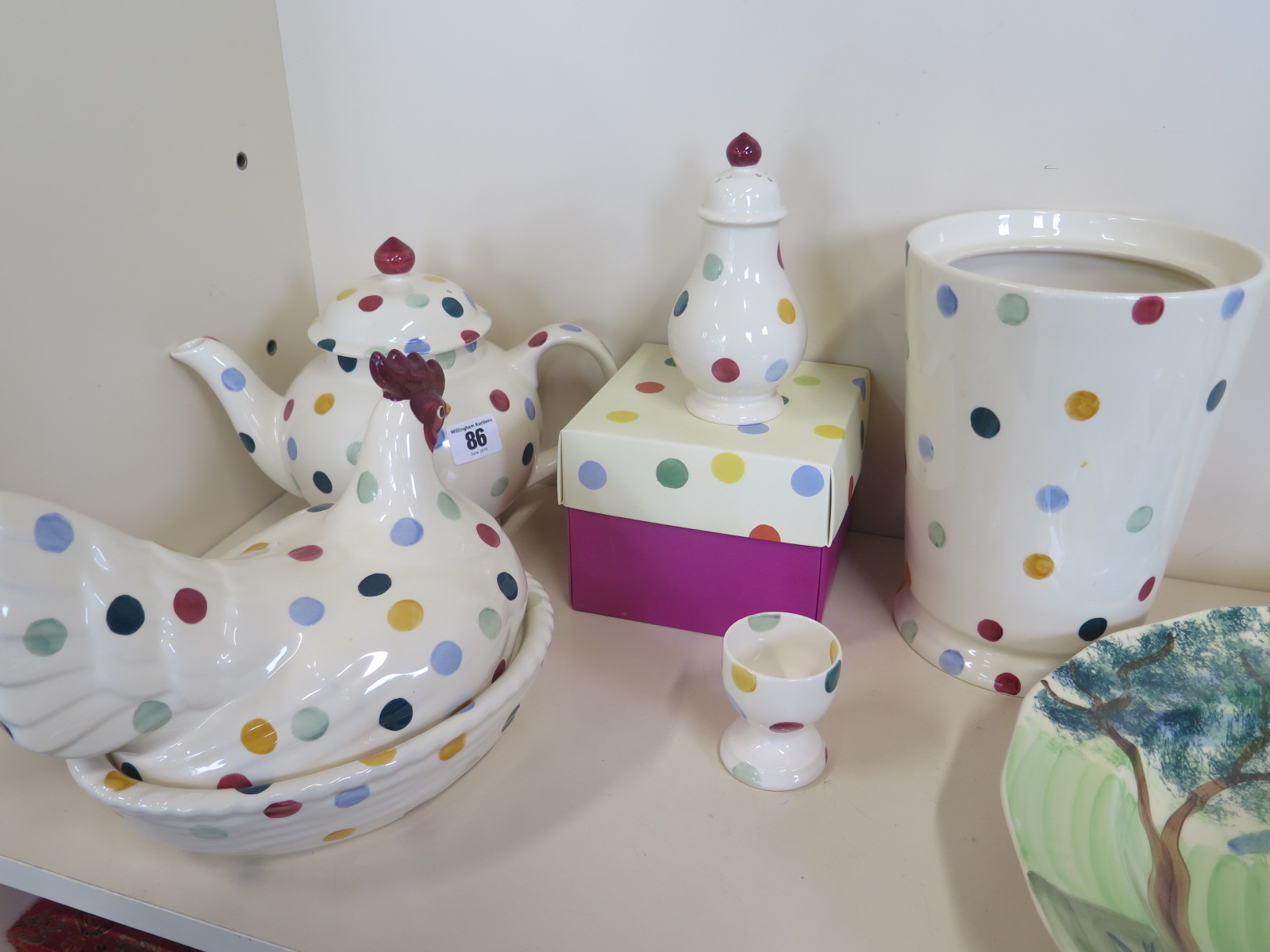 Five Emma Bridgewater items including a sugar shaker, biscuit barrel missing its lid, and three - Image 2 of 4