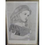 Pen and ink study of little girl with book, unsigned, approx frame size, 46cm x 33.5cm, some foxing