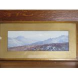 FJ Widgery, gouache, mountainous landscape, signed, approx frame size 34.5cm x 70cm - some foxing,