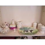 Five Emma Bridgewater items including a sugar shaker, biscuit barrel missing its lid, and three