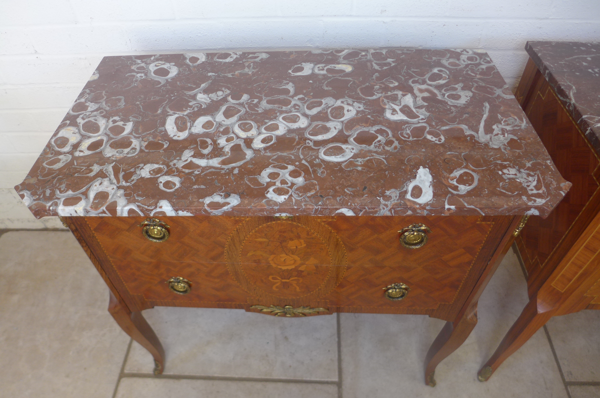 A near pair of walnut and inlaid antique style marble topped chests with two drawers - in very - Image 3 of 3