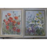 A pair of oils on board of poppies by Thelma Long, both signed and with labels verso for