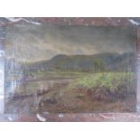 A 19th century oil on canvas, landscape, signed SS Holland, approx 36cm x 54cm, poor condition,