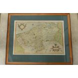 A 17th century engraved map of Flanders by G Mercator, old colouring, mounted and framed, 52x63cm