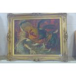 A Tretchikoff print, the fighting cocks, in a gilt swept frame, 69x84cm frame size, some wear to