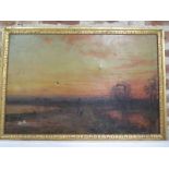 An oil on canvas, sunset landscape, unsigned, approx frame size, 57cm x 82.5cm, poor condition