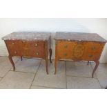 A near pair of walnut and inlaid antique style marble topped chests with two drawers - in very