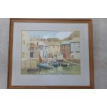 A watercolour of fishing boats at Mevagissy, Cornwall by Clive Allen Mold, signed, in an oak