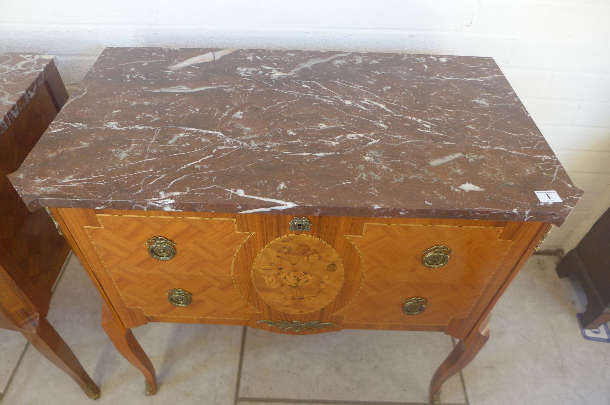 A near pair of walnut and inlaid antique style marble topped chests with two drawers - in very - Image 2 of 3