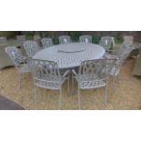 A Bramblecrest Stone Milan cast aluminium elliptical table 250 x 175cm with 75cm Lazy Suzan, ten