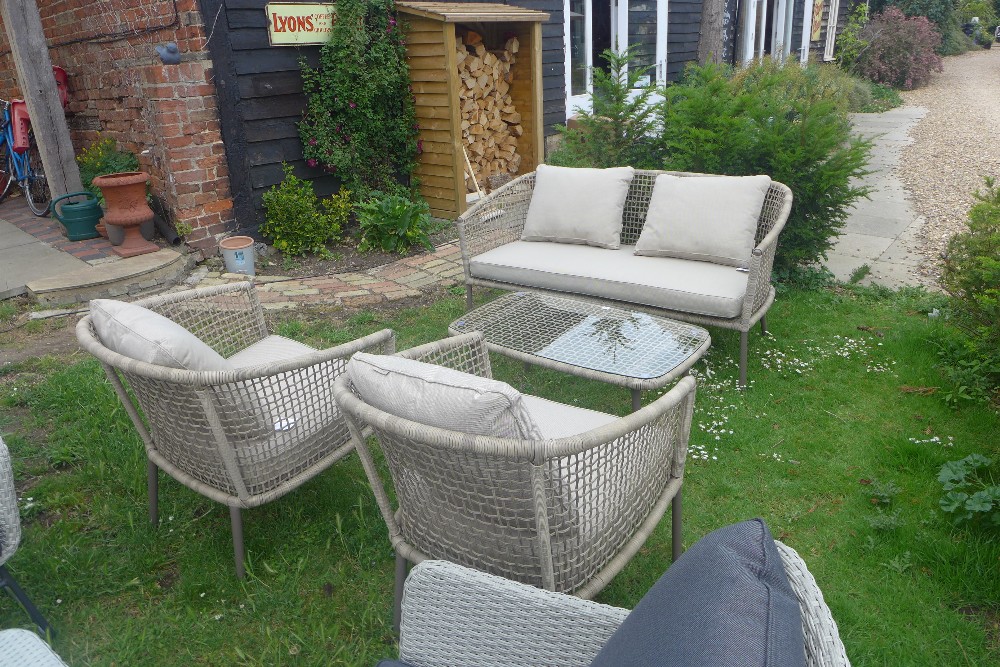 A Bramblecrest metal leg Chiltern two seater sofa with two sofa armchairs and two coffee tables