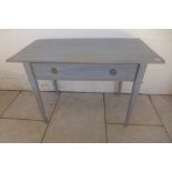 A 20th century Swedish Gustavian style blue painted pine side table, with single drawer, reeded