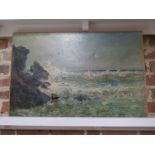 Oil on canvas seascape, by SS Holland - unframed 51cm x 77cm with holes