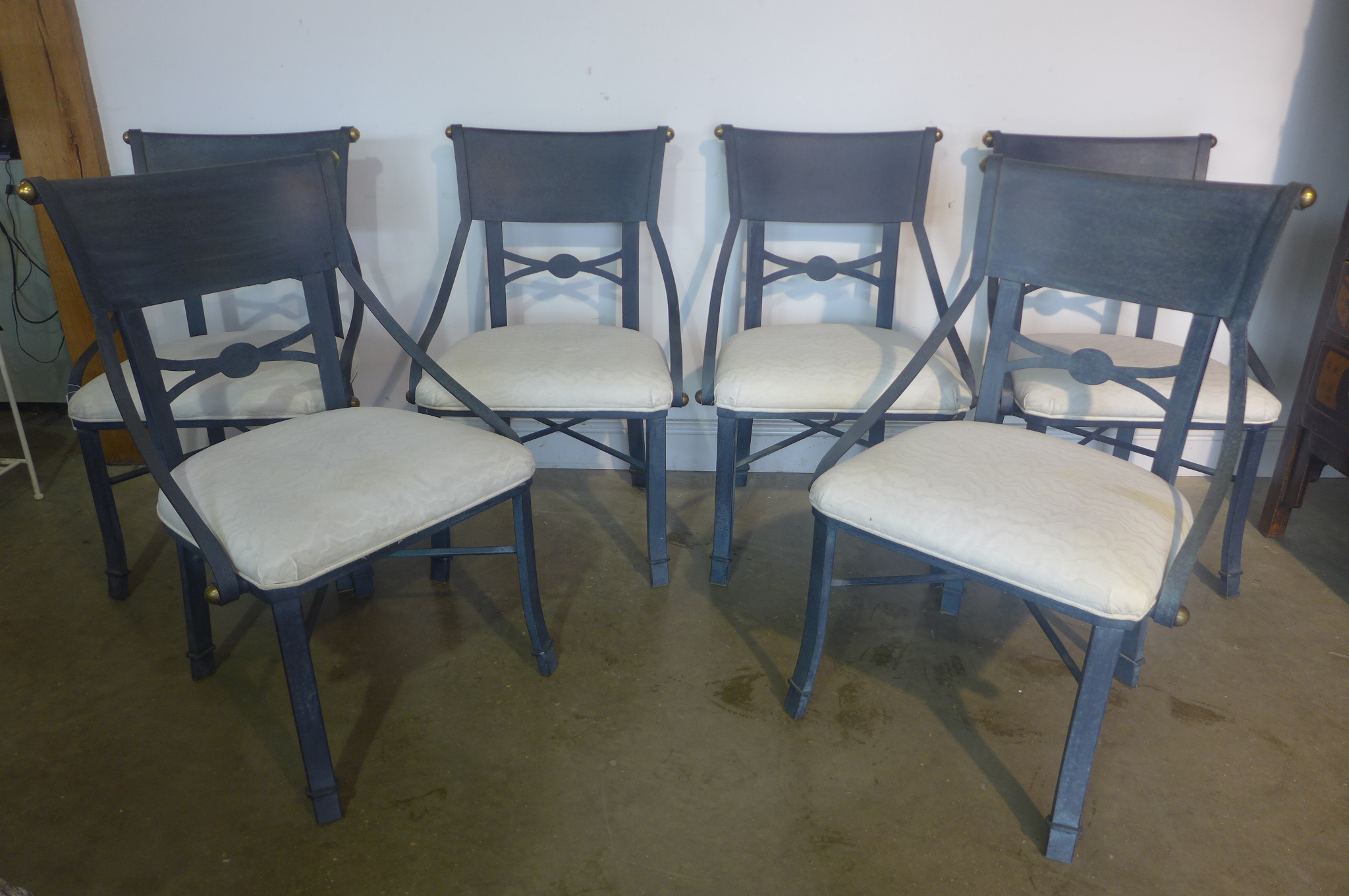 A set of six Kesterport Mexico metal upholstered dining chairs, good ex show house condition, except