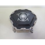 A large hexagonal silver and tortoiseshell jewellery casket on four legs with pad feet - approx 12cm