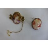 A gilt metal brooch with a portrait of a lady on porcelain - 3x4cm, a cameo brooch in white metal,