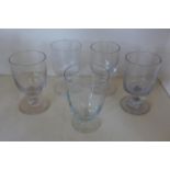 Five 19th century cordial glasses, four with short cylindrical stems, all with circular bases, all