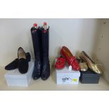 A pair of Russell and Bromley leather knee length boots and red shoes, also two pairs of shoes by