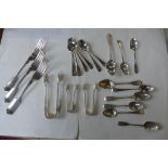 Eighteen pieces of silver flatware and a white metal teaspoon, three plated forks, total silver