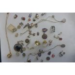 Assorted silver charms etc, a yellow metal ring, brooch and plated cameo and chain, and another