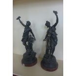 A pair of spelter figures, Commerce and Industry, 86cm tall, some losses to ships wheel, and some