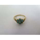 A 9ct ring set with turquoise stones, size P, approx 3 grams, in good condition