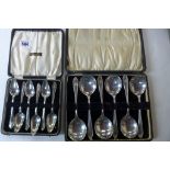 A cased set of six silver reeded soup spoons with pointed terminals, initialed D, by E viners,