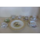 Seven assorted cabinet cups and saucers, and a Worcester plate decorated with turkeys