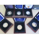 Six Elizabeth II silver proof £5 coins, approx 5.4 troy oz, all with presentation cases and