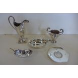 A silver cream jug, together with four other silver items, approx 7.1 troy oz overall, some dents