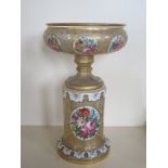 A good 19th century gilt decorated overlay glass bowl on stand with hand decorated panels,