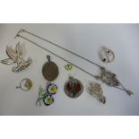 A mixed silver jewellery lot including Art Nouveau style brooch and stone set pendant, enamel