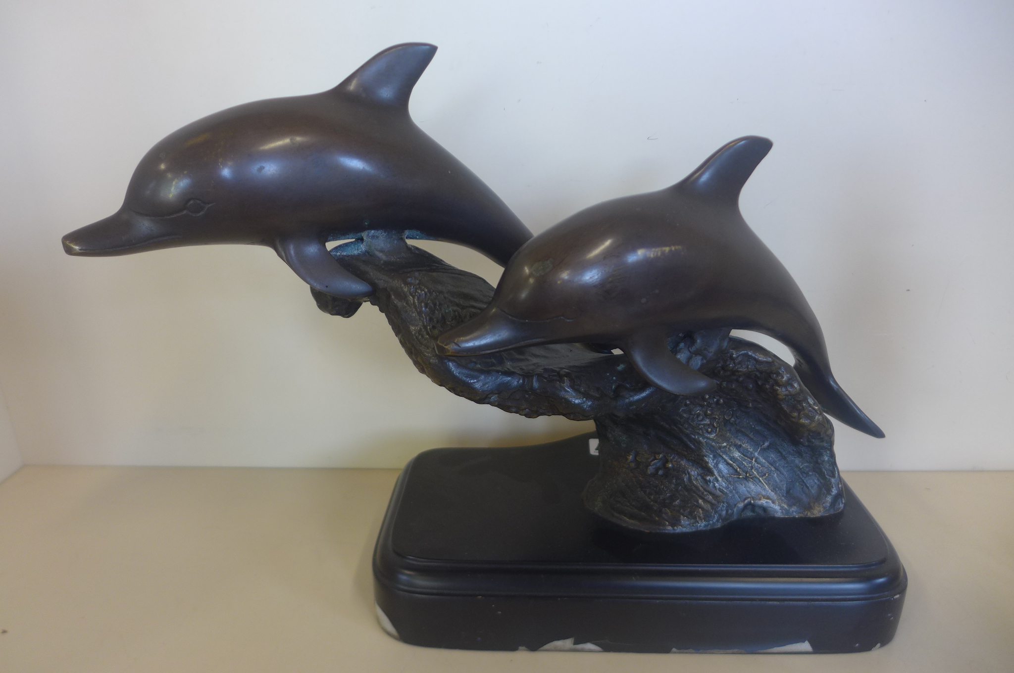 A bronzed group of dolphins, 29cm tall - some damage to base otherwise good and two bronze figures - Image 3 of 3