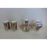 A pair of Lynton porcelain Imari spill vases - 10cm tall, and two Derby vases, spill vases some wear