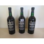 Three bottles of Dows 1970 vintage port, levels to base of neck