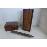 A 19th century burr wood box, an elm candle box - 32cm tall and a cribbage board