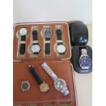 Seven gents quartz watches and a storage case, includes a boxed as new Pulsar solar 100m divers