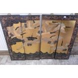 An oriental four section panel wall screen decorated with birds, 92cm tall x 124cm wide in total